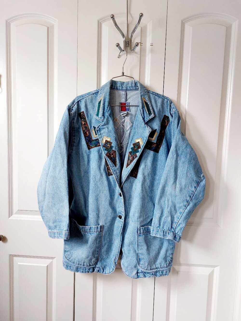 80s Southwestern Jean Chore Jacket Penny Candy Sunbelt Denim Large Gold & Teal